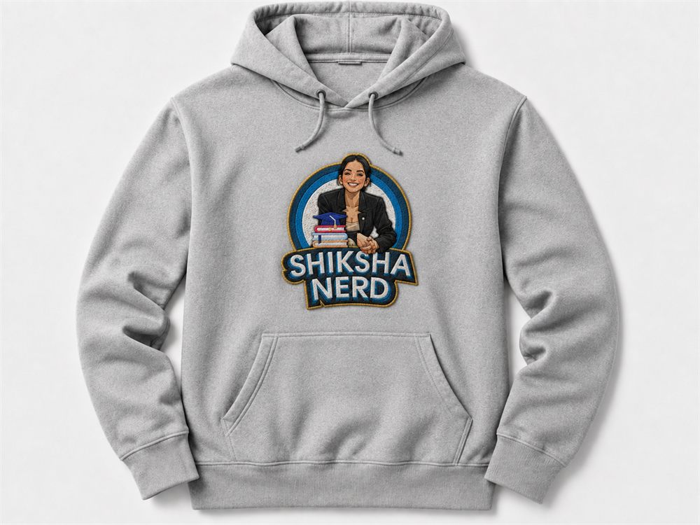 Grey Shiksha Nerd hoodie with an embroidered Shiksha Nerd logo on the chest